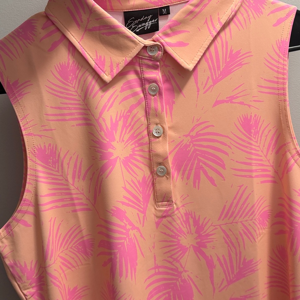 SundaySwagger Coral/Pink Palm Sleeveless Golf Polo EUC